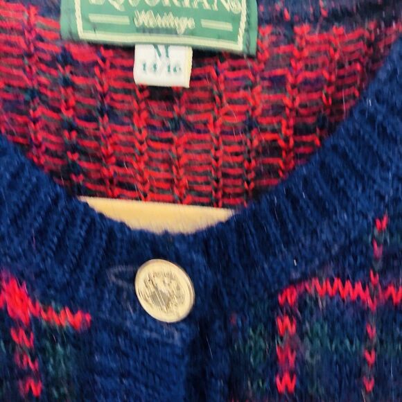 Vintage Equorian Heritage Mohair Blend Cardigan Sweater Navy Plaid Size M 14/16 - Picture 2 of 7